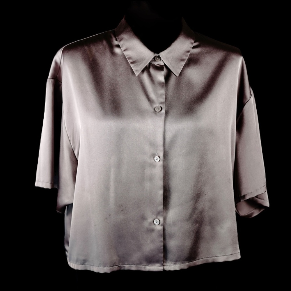 Abercrombie & Fitch Womens Gray Satin Button-Down Blouse Short Sleeve Size L - Picture 4 of 15
